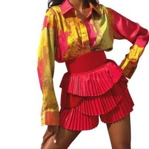 Andrea Iyamah Ruby Red Pleated Hibi Shorts XS Satin High Waist Resort
